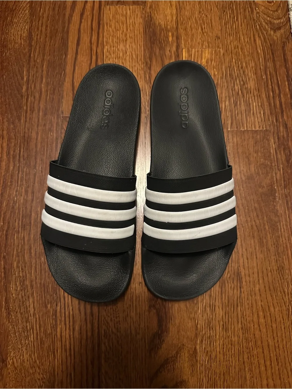adidas Black and White Three-Stripe Slide Sandals